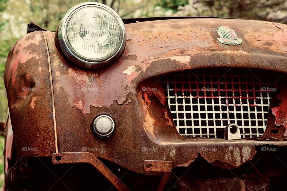 Vintage Car Front End, Triumph Car, Old Car Photograph, Trespass, Rusted Paint Peeling Vehicle 