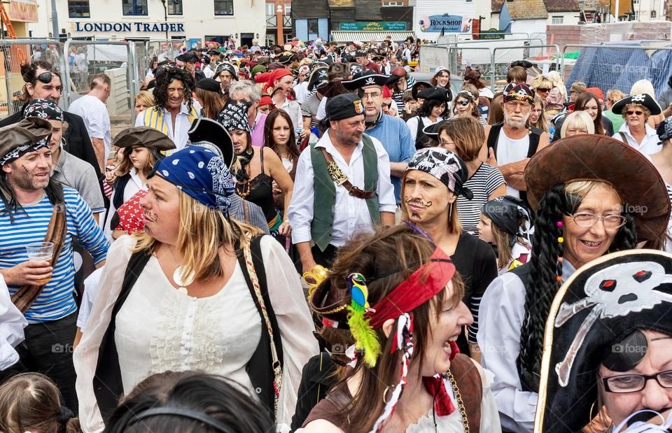 A large crowd of people dressed as Pirates in the UK seaside town of Hastings