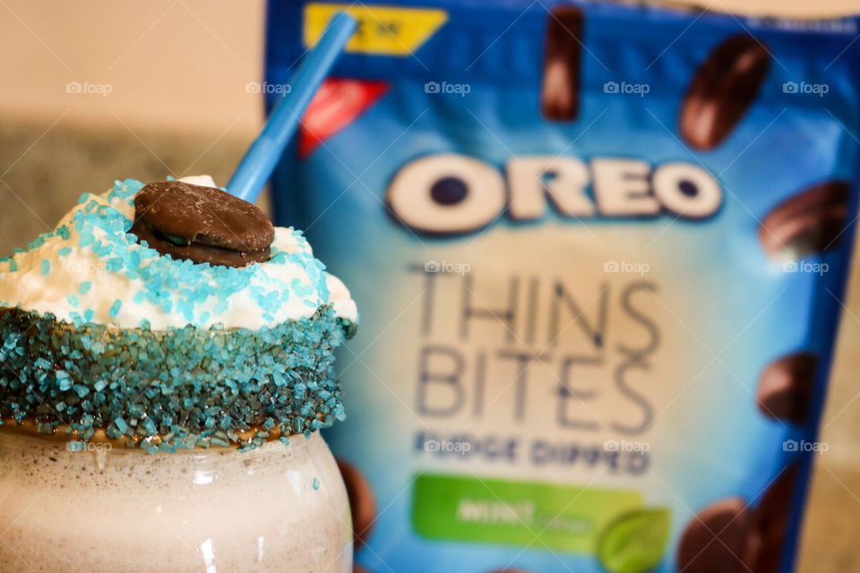 Oreo thin Bites- mint cookie milkshake.with blue theme.