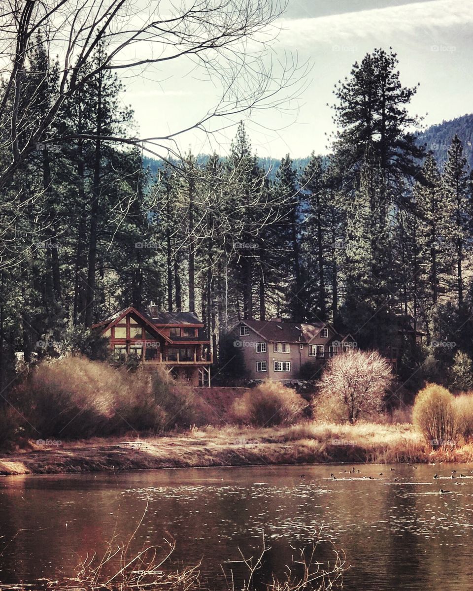 Cabins by the lake in winter - golden colors 