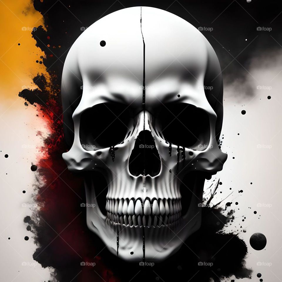 Skull, with two eyes, with a sad look,viscous flow of red, black, yellow, green, orange, purple Dripping paint, Foreground style Jackson Pollock, extreem big long splash black Dripping paint, viscous flow of big gray Dripping paintcool tone