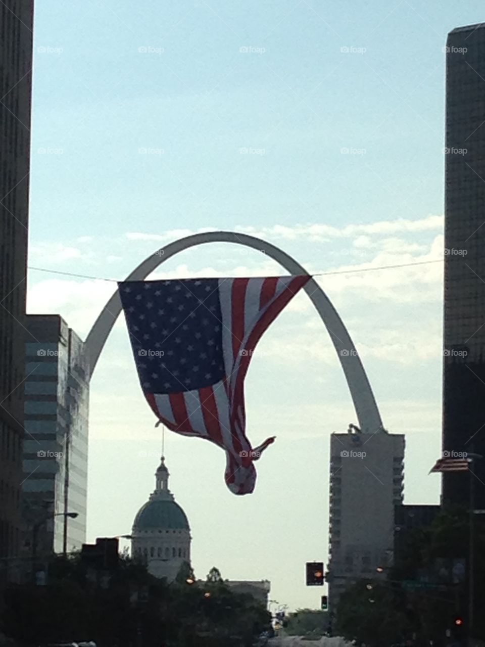 American flag over downtown. 