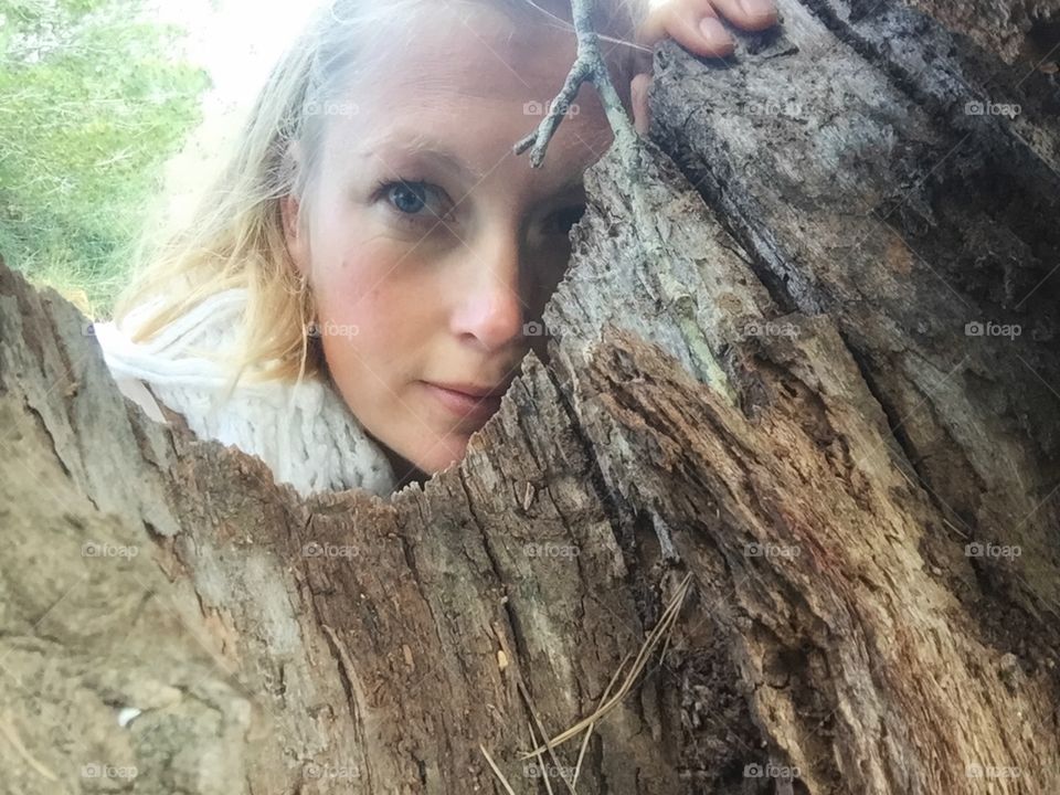Woman looking through a tree