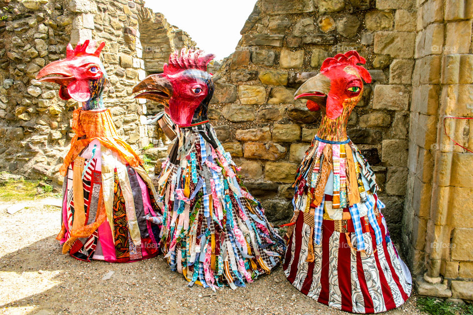 Three papier-mâché roosters at Hastings Traditional Jack in the Green, U.K. 2008