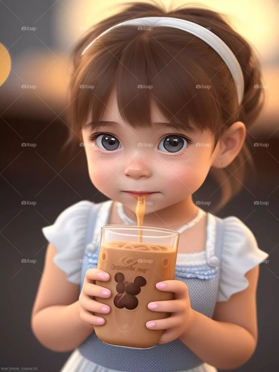Beautiful little girl drinking chocolate milk