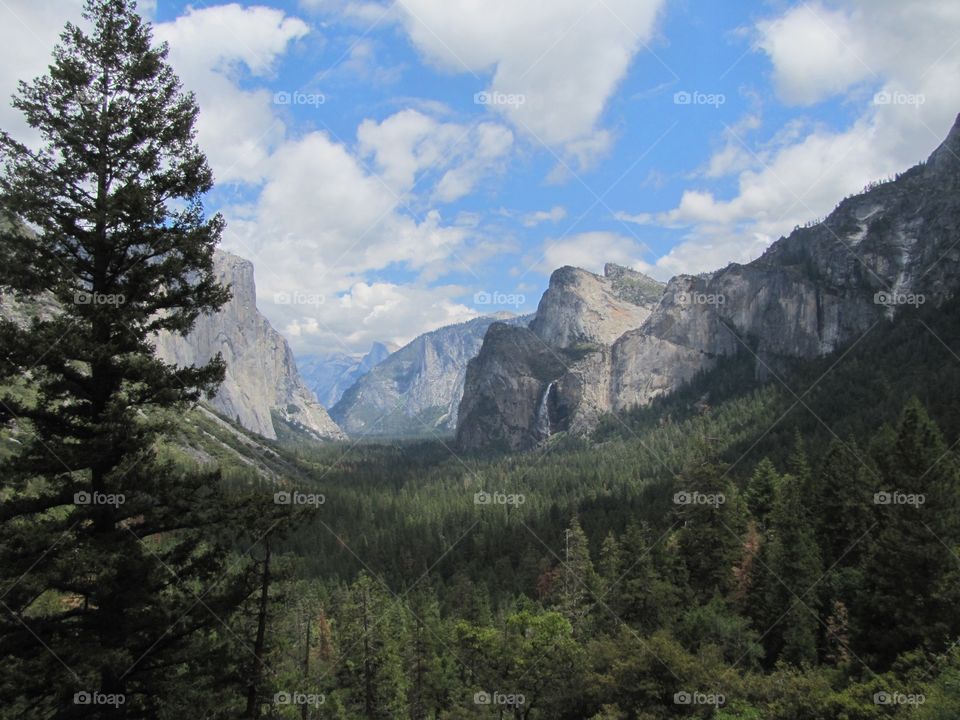 Yosemite national park. Bridal veil falls partly cloudy 