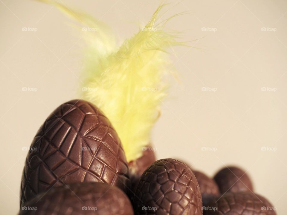 chocolate Easter eggs and yellow feather