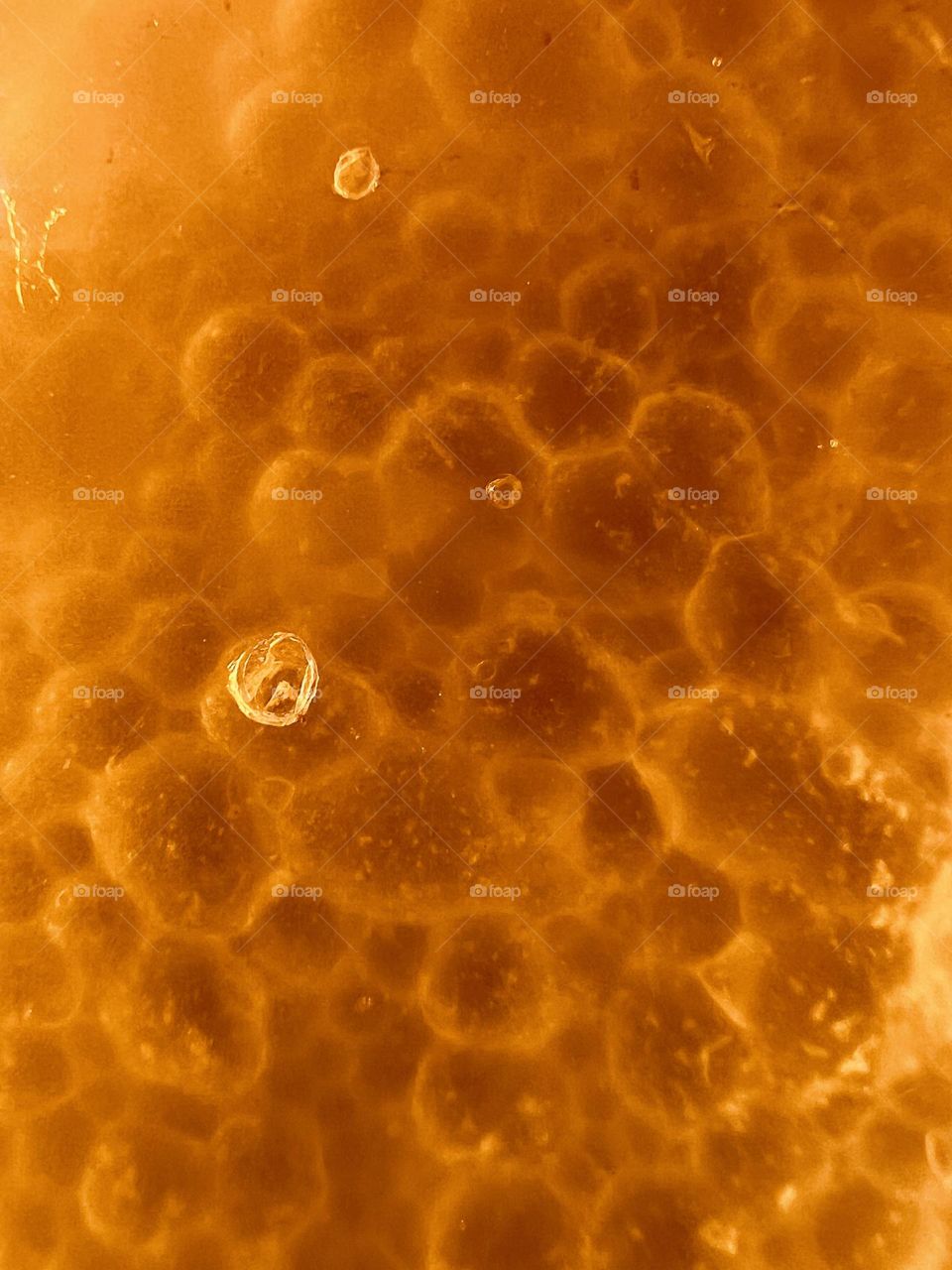 Circular orbs float in liquid suspension creating a full frame orange abstract