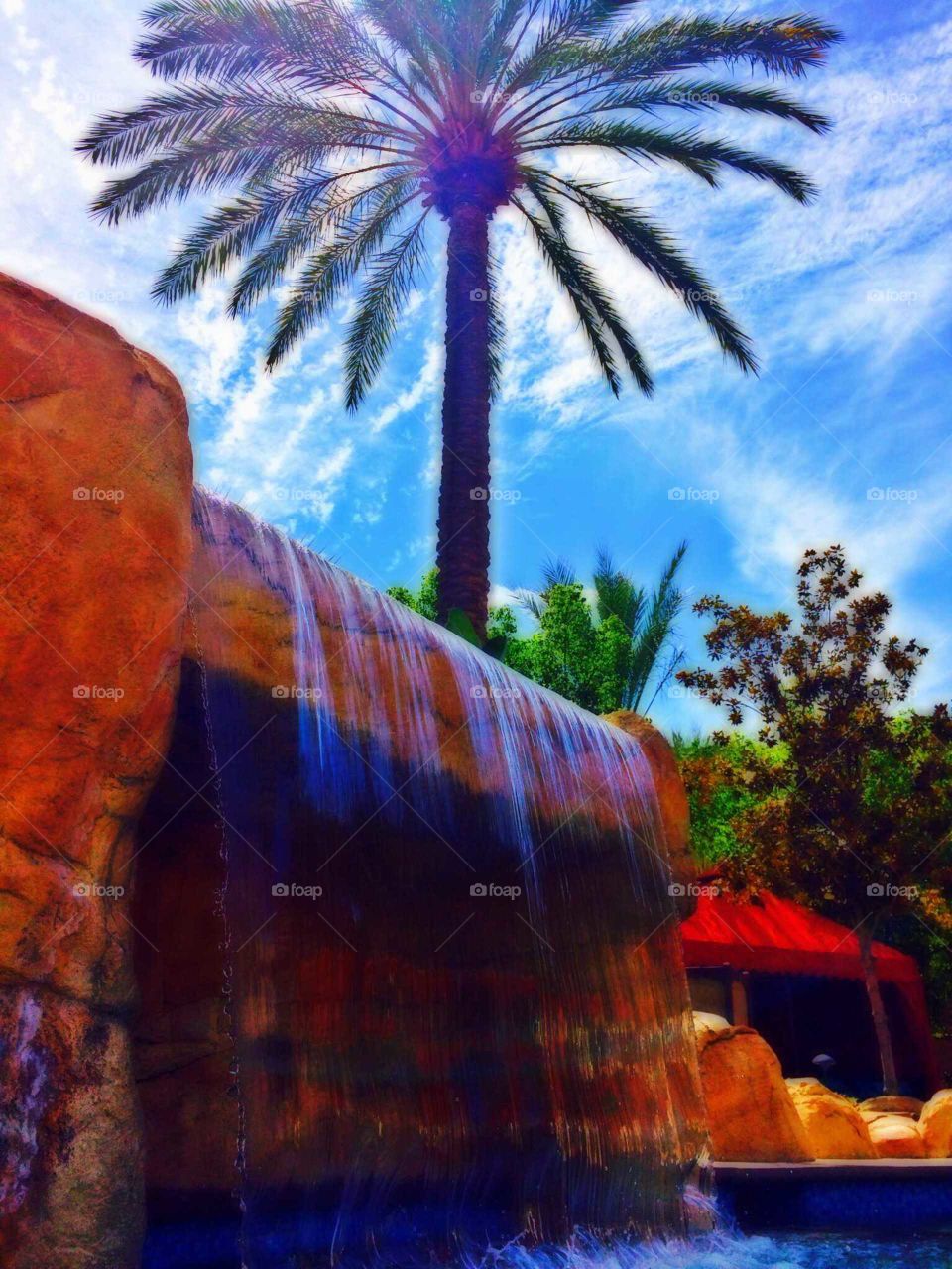 Relaxing at Harrahs Sothern California. waterfall jacuzzi time. Palm trees.