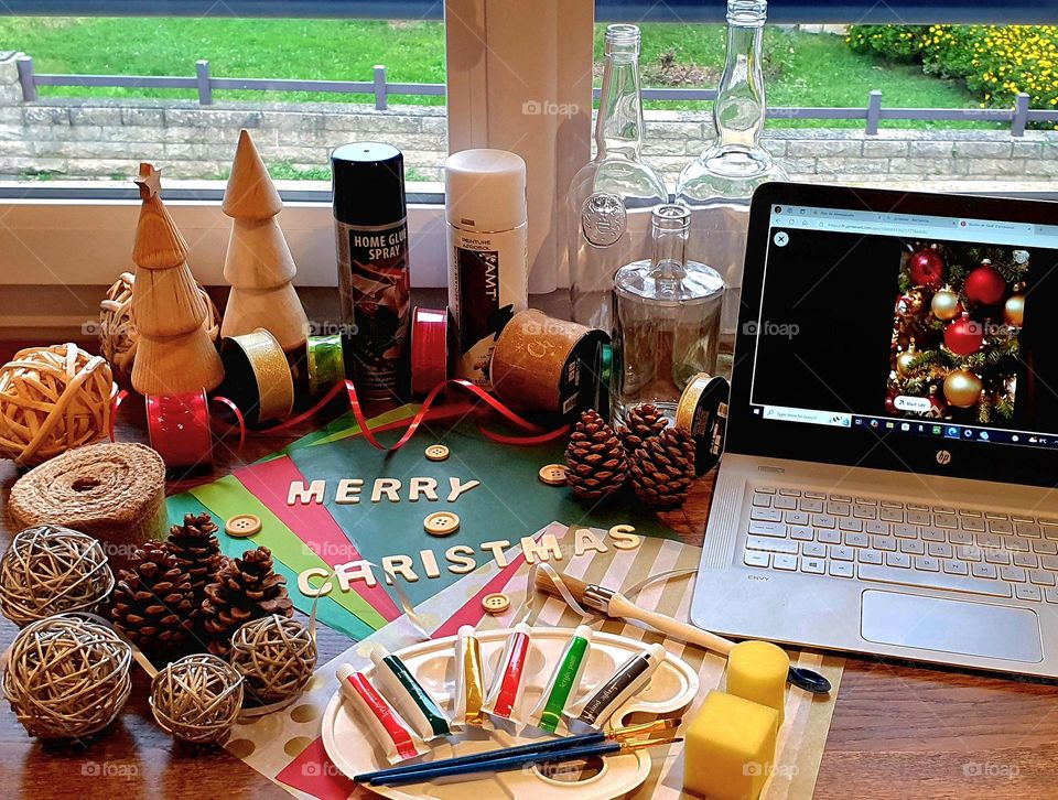 Flatlay of items to create Christmas decorations