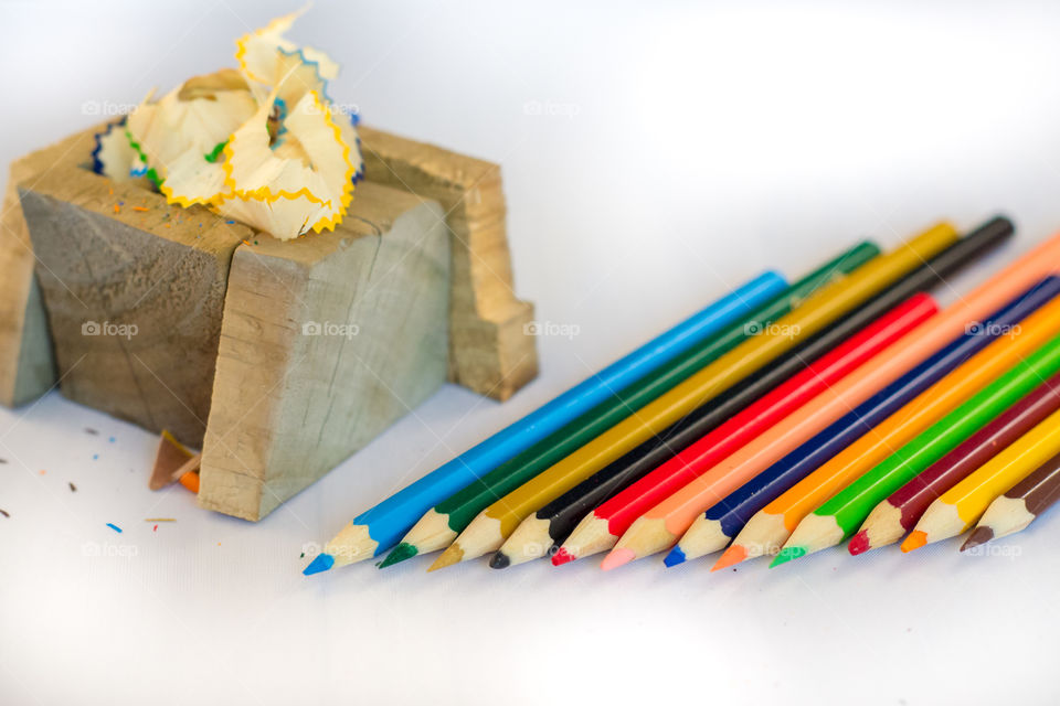 Colorful pencils with shaving