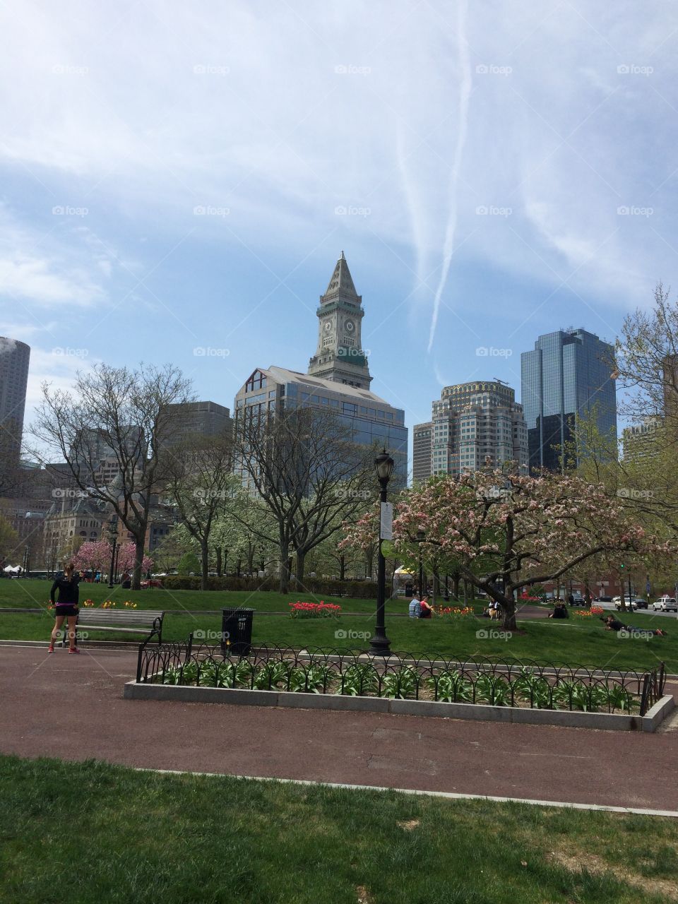 Boston in the spring. Christopher columbus park in downtown boston
