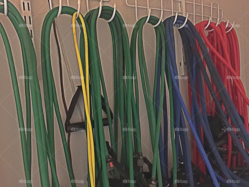 Elastic resistance bands for strength training.