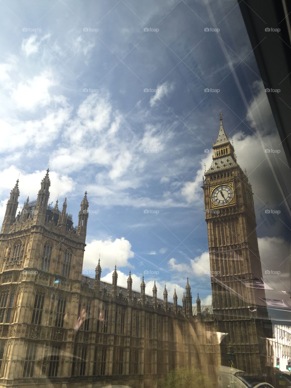 Big Ben through bus window