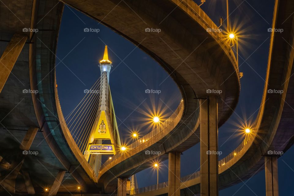 Beautiful night scene of landmark bridge in Bangkok Thailand