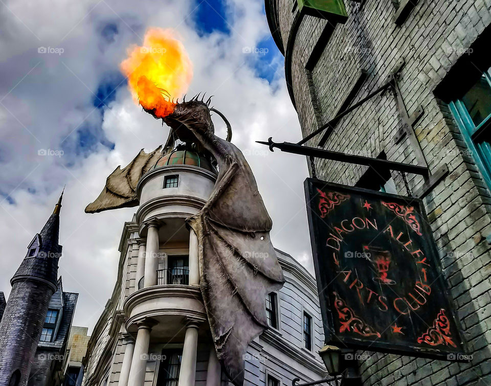 Diagon alley at universal studios. great shot of the dragon in this magical world of wizards