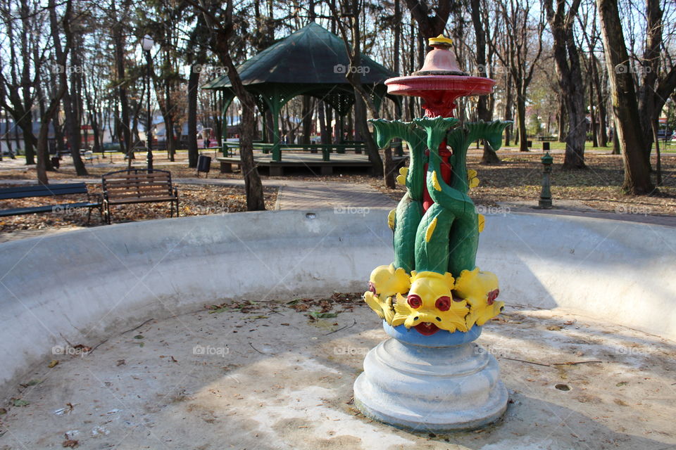 public waterfall pool with colored sea monsters