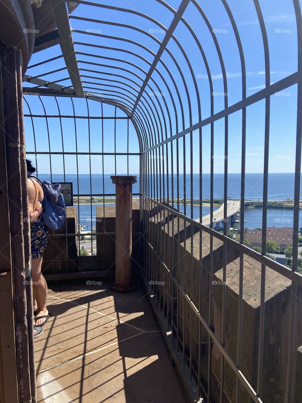 A view from the second level from the top of one of two lighthouses at Twin Light State Historic Site in Atlantic Highlands, NJ. The site overlooks the Shrewsbury River, Sandy Hook, Raritan Bay, the New York skyline, and the Atlantic Ocean. 