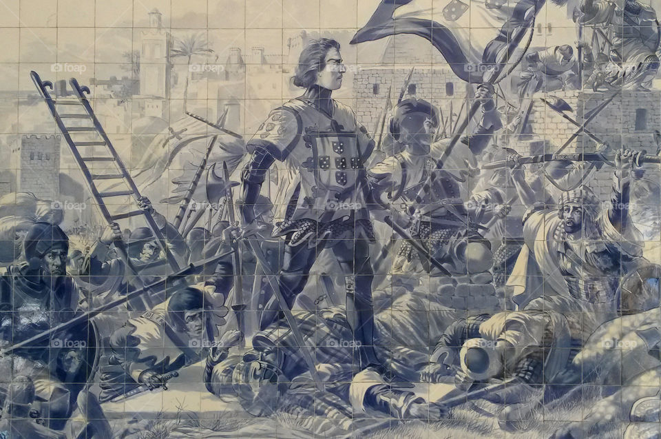 Azulejo panel depicting Prince Henry the Navigator during the conquest of Ceuta at the São Bento railway station in Porto, Portugal