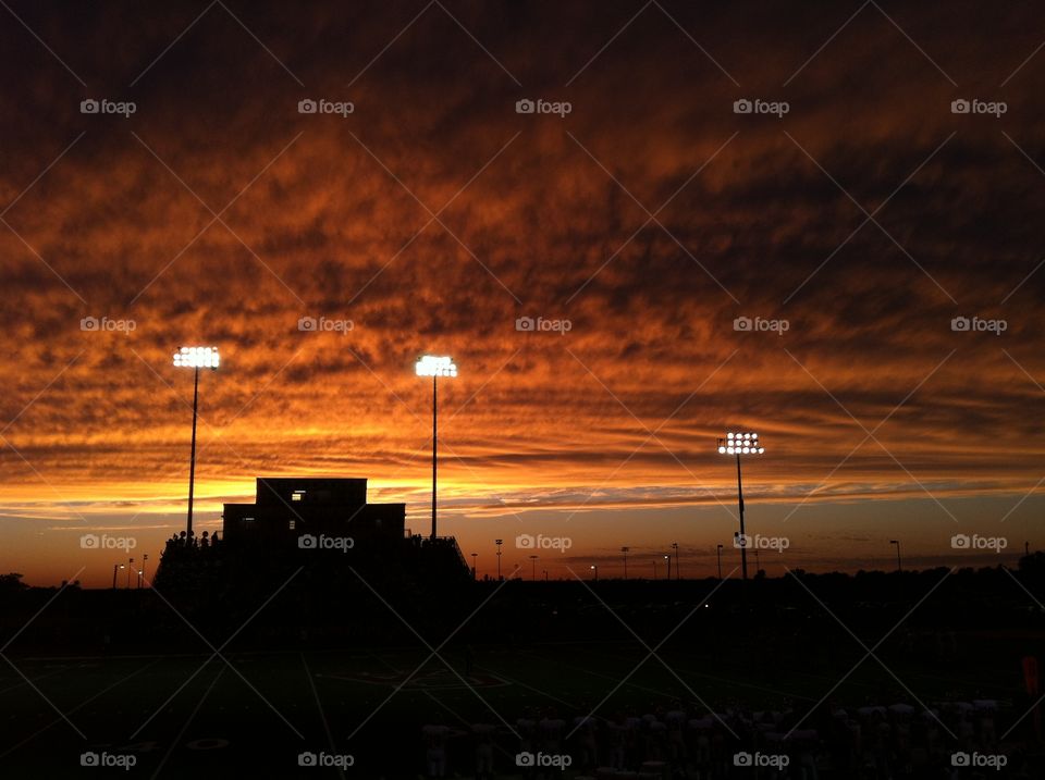 Late sunset over the football stadium. Classic fall evening in OK.