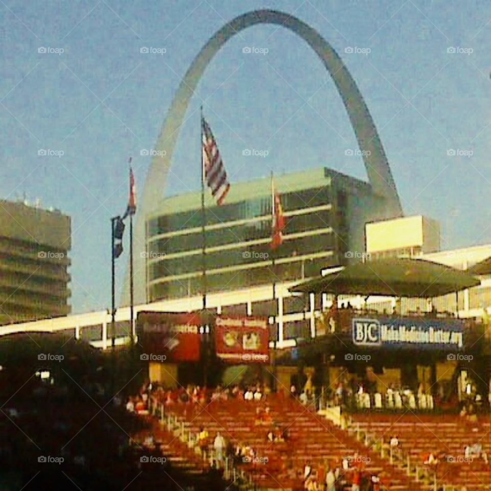 St. Louis Gateway Arch towering behind Busch Stadium where the St. Louis Cardinals play. One of my favorite places to be!!