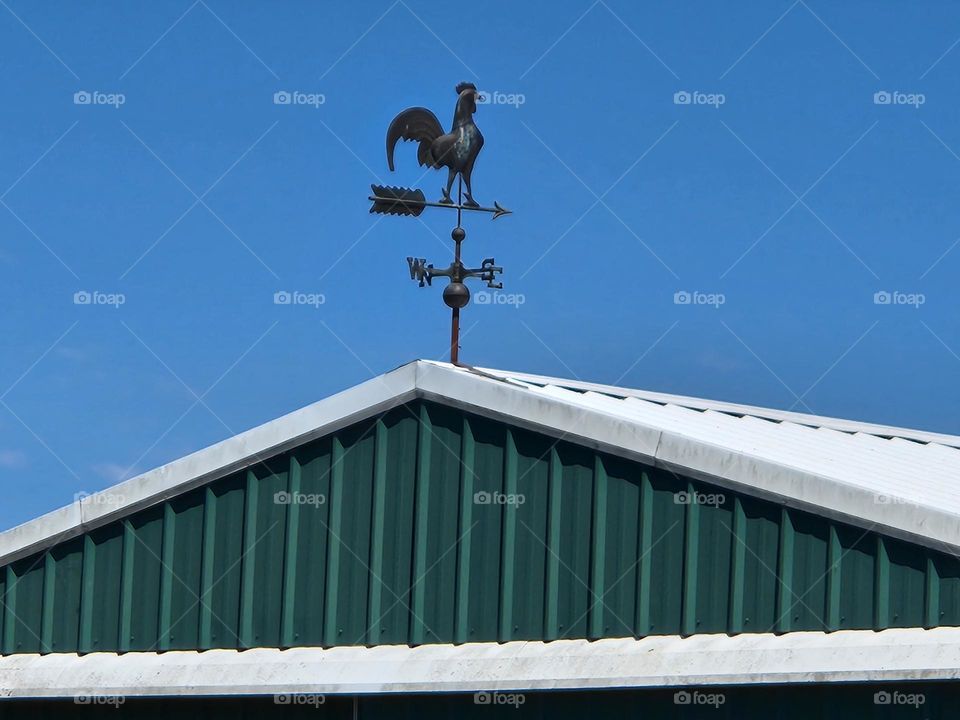 metal rooster weathervane against blue sky background on top of green and white barn in an Oregon country farm