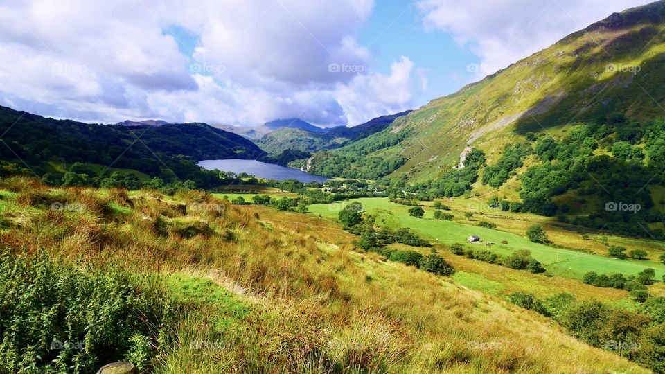 View of mountains and lake at Snowdonia Wales uk