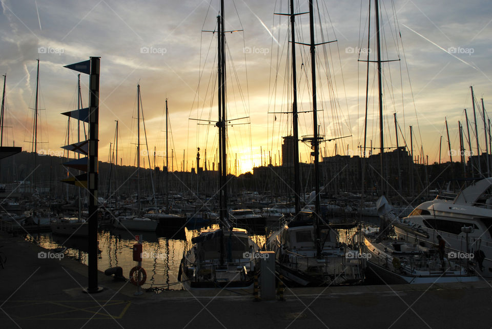 Sunset in yach port in Barcelona Spain