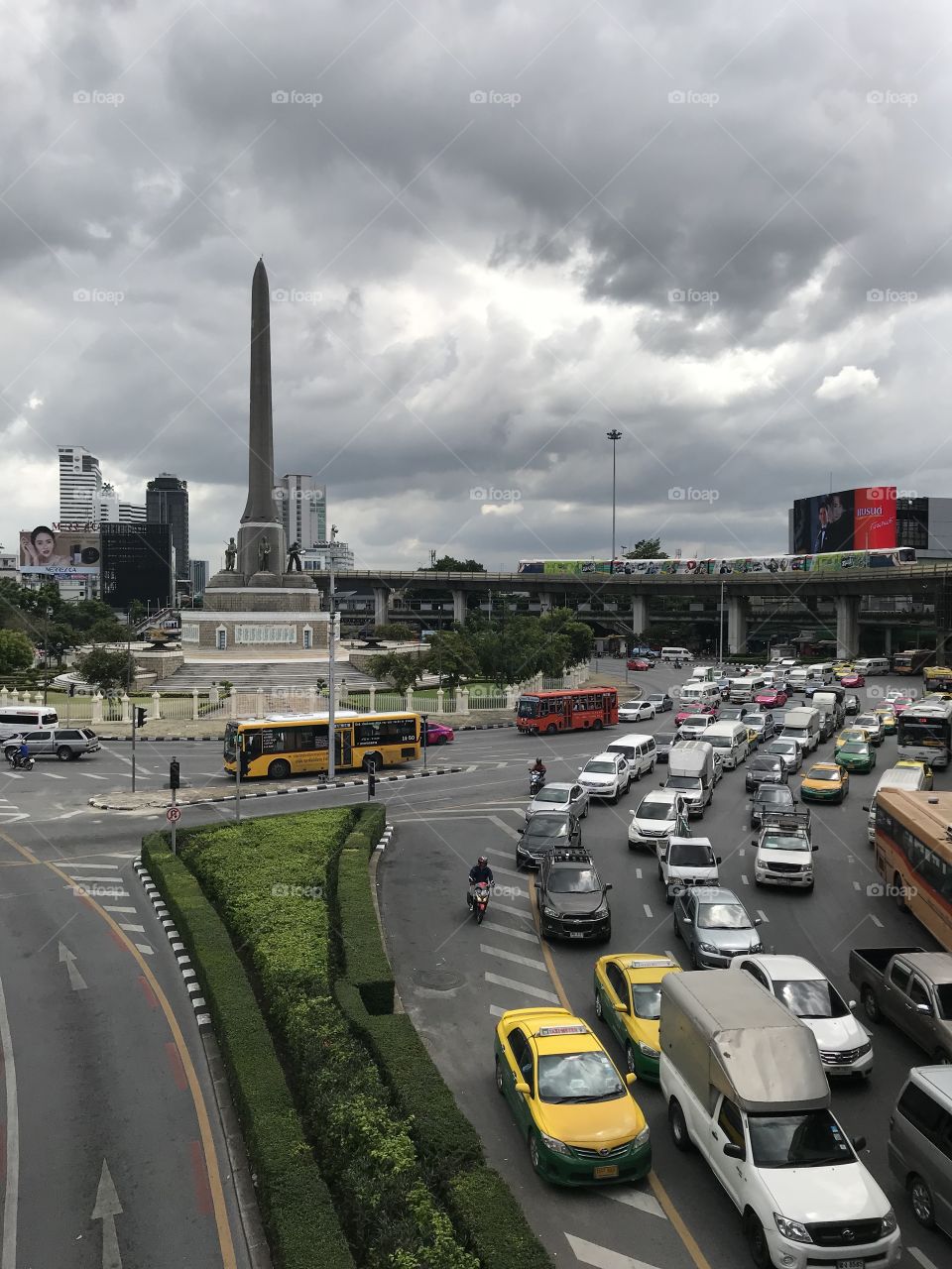 Bangkok, Thailand - June 19, 2018 : A photo of traffic jam in the evening after work every day and today it’s raining. The view from the top of the Thai skytrain(BTS).