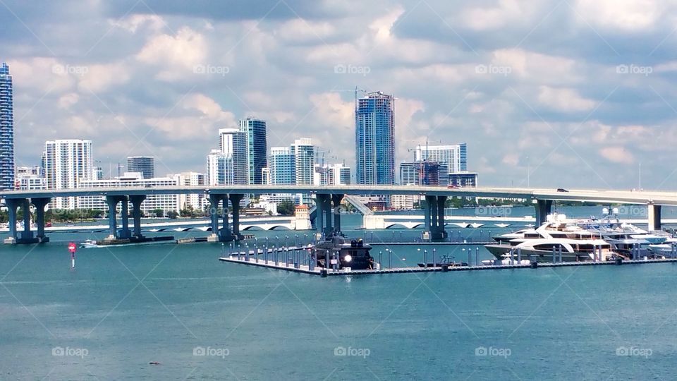 View from Cruise ship Royal Caribbean of Downtown Miami and bridge