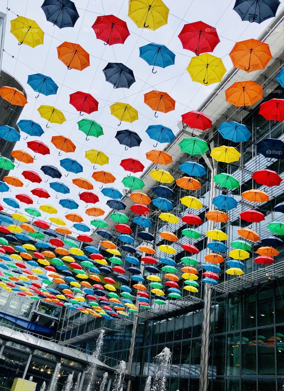 Pop of color, umbrellas overhead