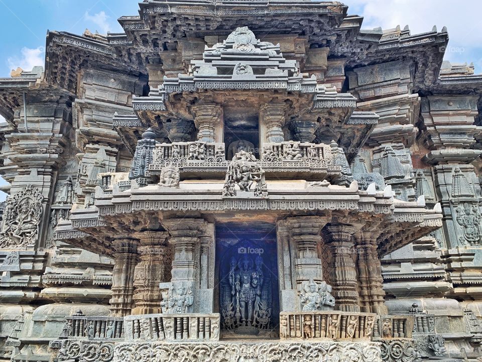 Stone carving in Indian temple in Belur, Karnataka, India 