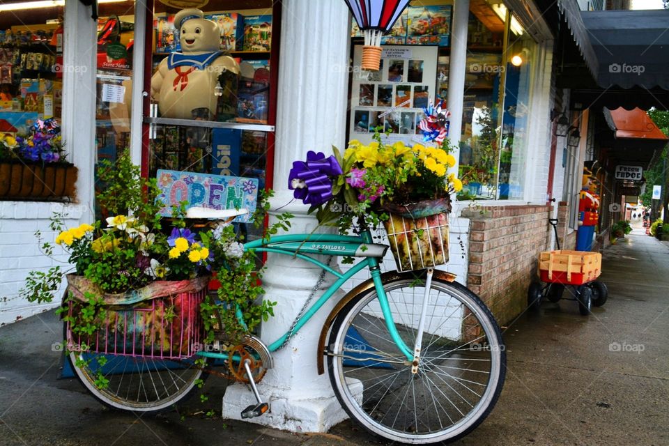 Bicycle decorated with Flowers in Brevard North Carolina. Small Town Living. Main Street Toy Store.