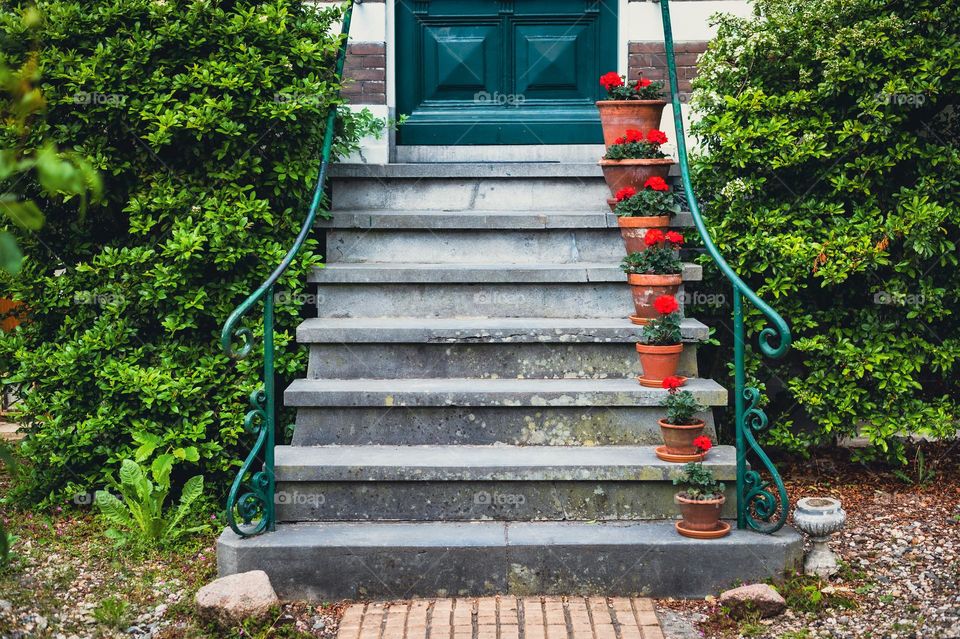 Stairs with flowerpots in front of an beautiful town house in the city Arnhem, The Netherlands