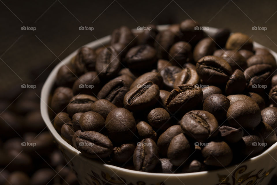 Roasted coffee beans close up