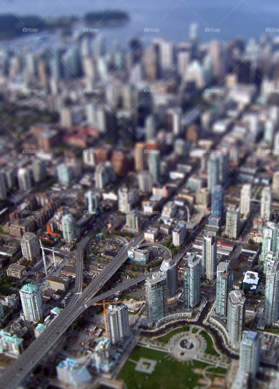 Vancouver Downtown. Aerial view of Vancouver Downtown, tilt-shift effect