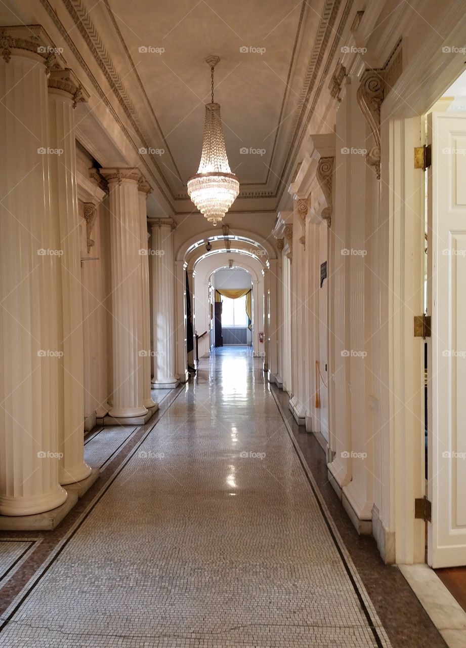 Grand hallway with columns.   View from inside the Daughters of the American Revolution building