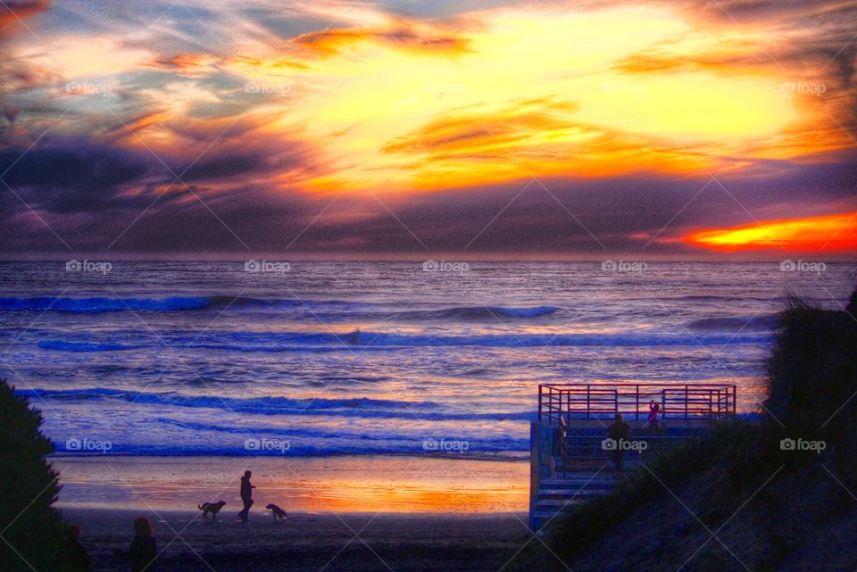 A lady walking her dog on the beach in San Francisco while enjoying the colorful sunset.
