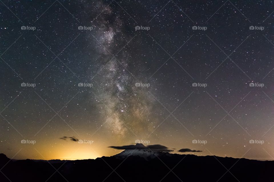 The Milky Way enveloping Mt. Baker in a spectacular manner. This was taken in the North Cascades National Park, WA, USA. 