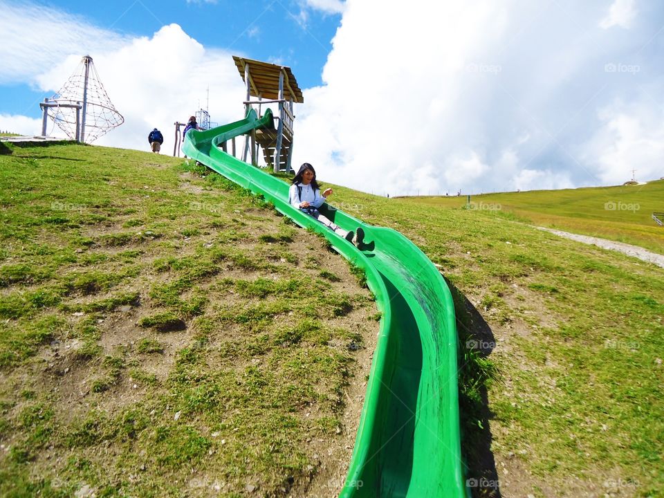 On the long slide. On the long slide during my day outside