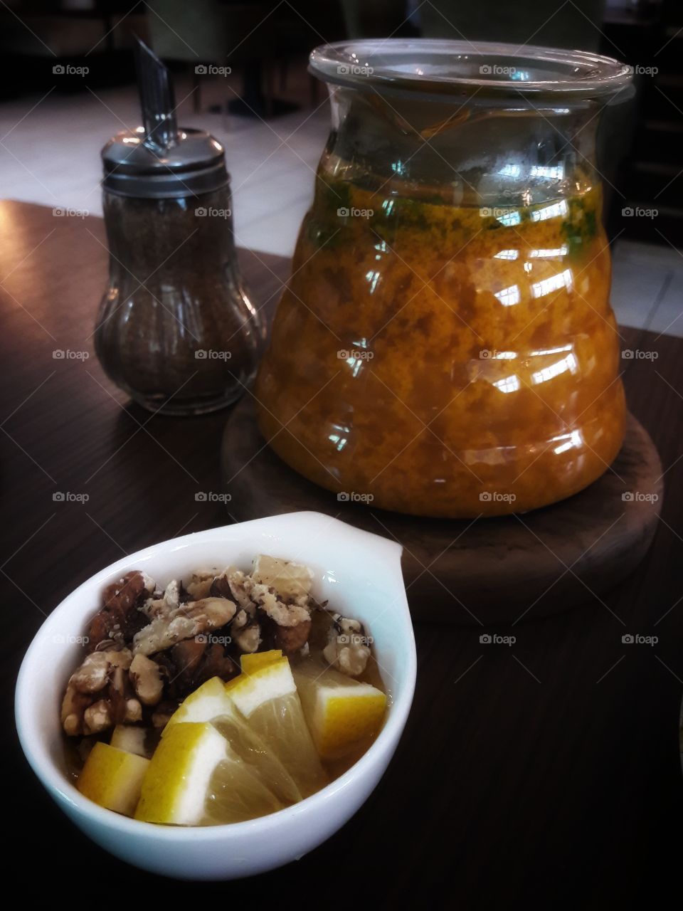 Tea time herbal ceremony served drink view table day part lemon honey nut yummy eco vegan