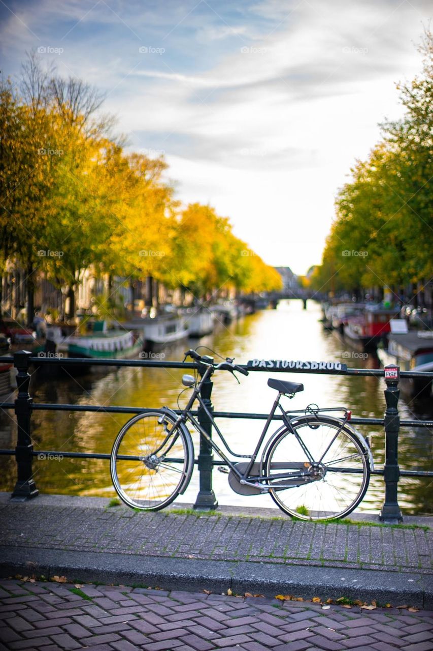 Bicycle leaning on railing near 