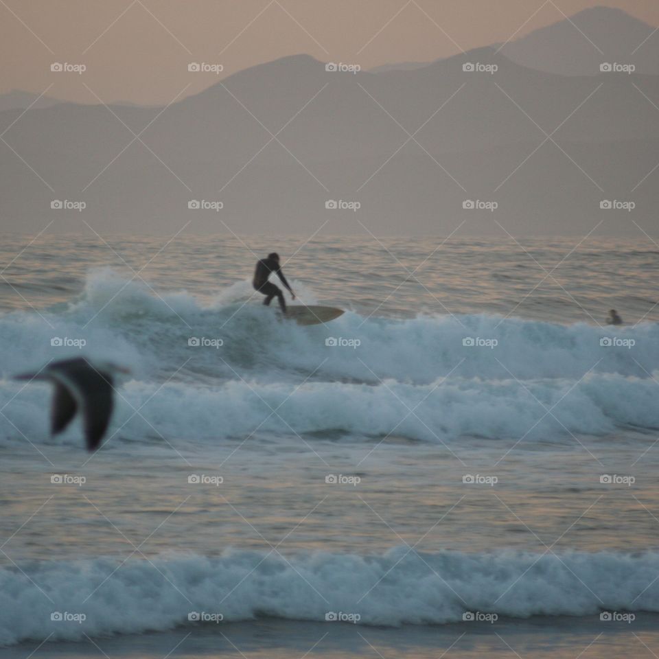 Surfing at sunset