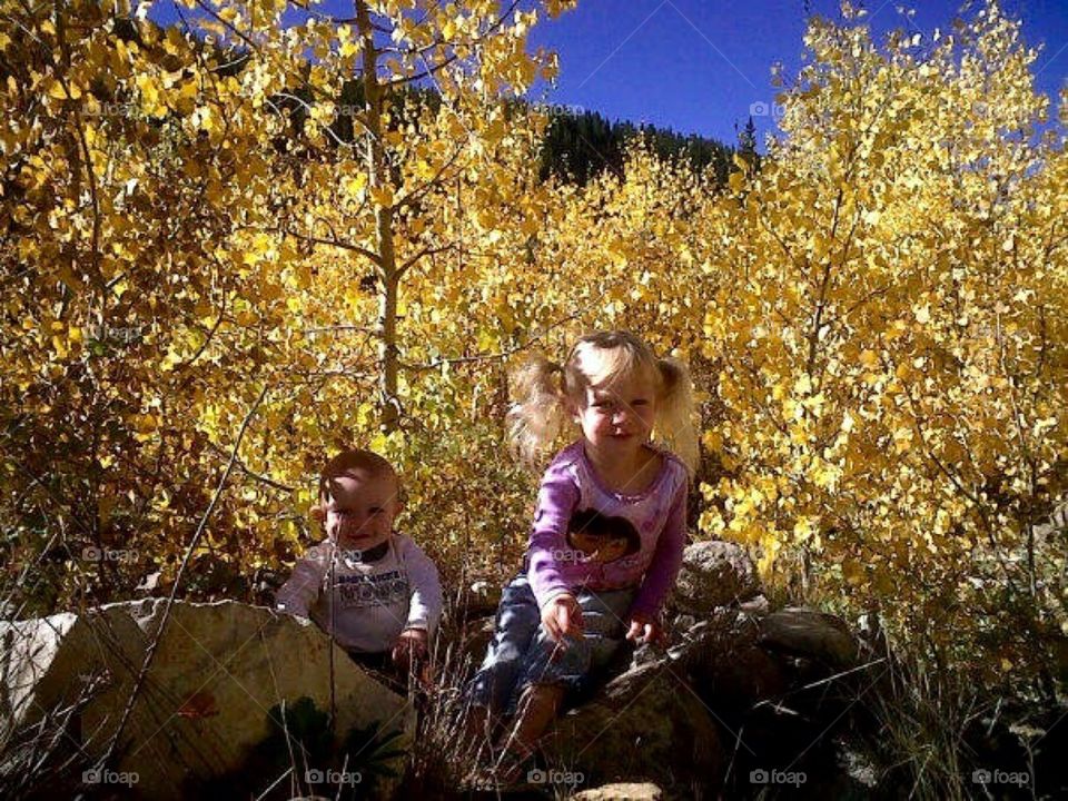 Kids in leaves. My beautiful babies in the gorgeous aspen leaves of fall in Colorado