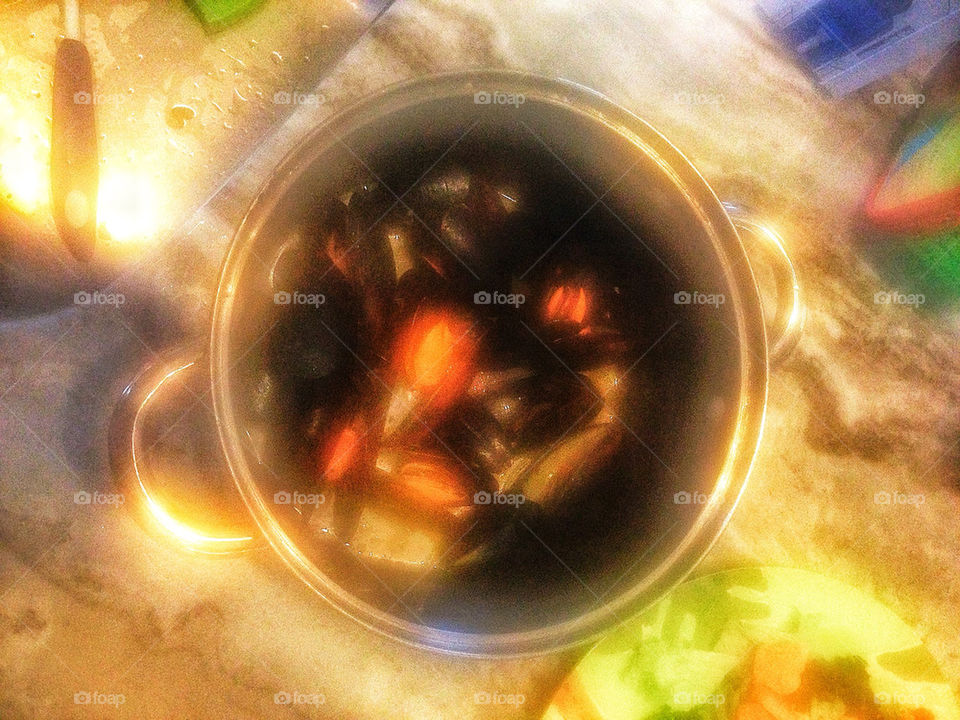 Seafood steaming in a pot