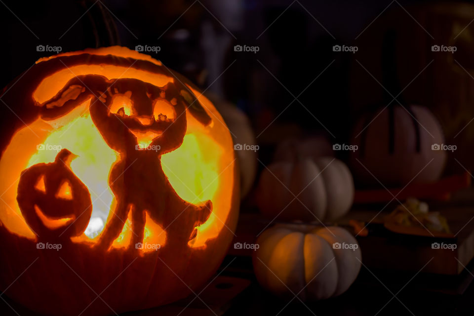 Cute happy dog Jack o’lantern carved pumpkin at home indoors with other decorative pumpkins on table Halloween fun pumpkins