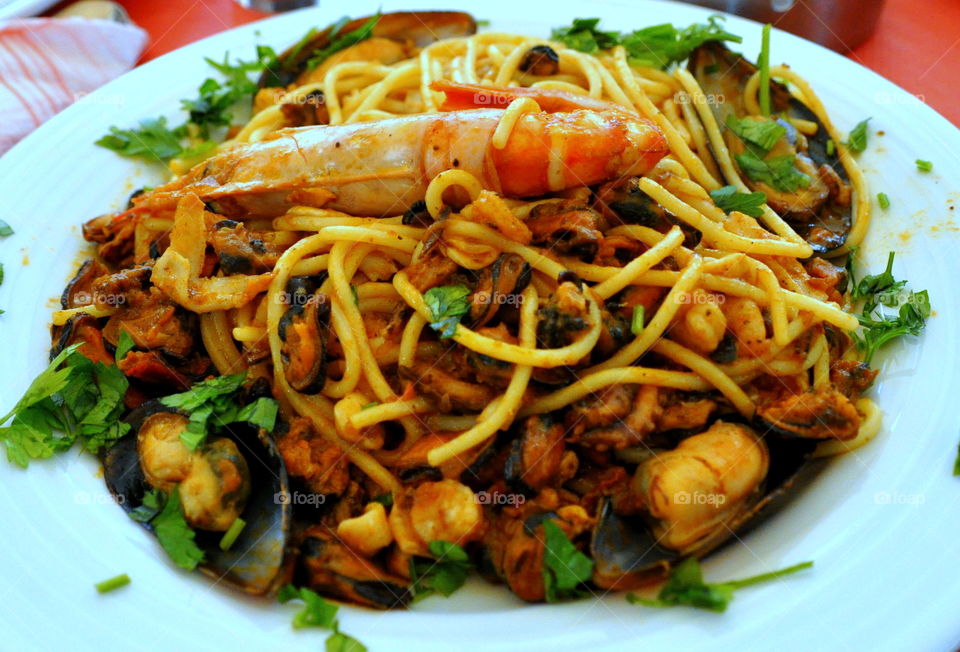 Seafood pasta in plate