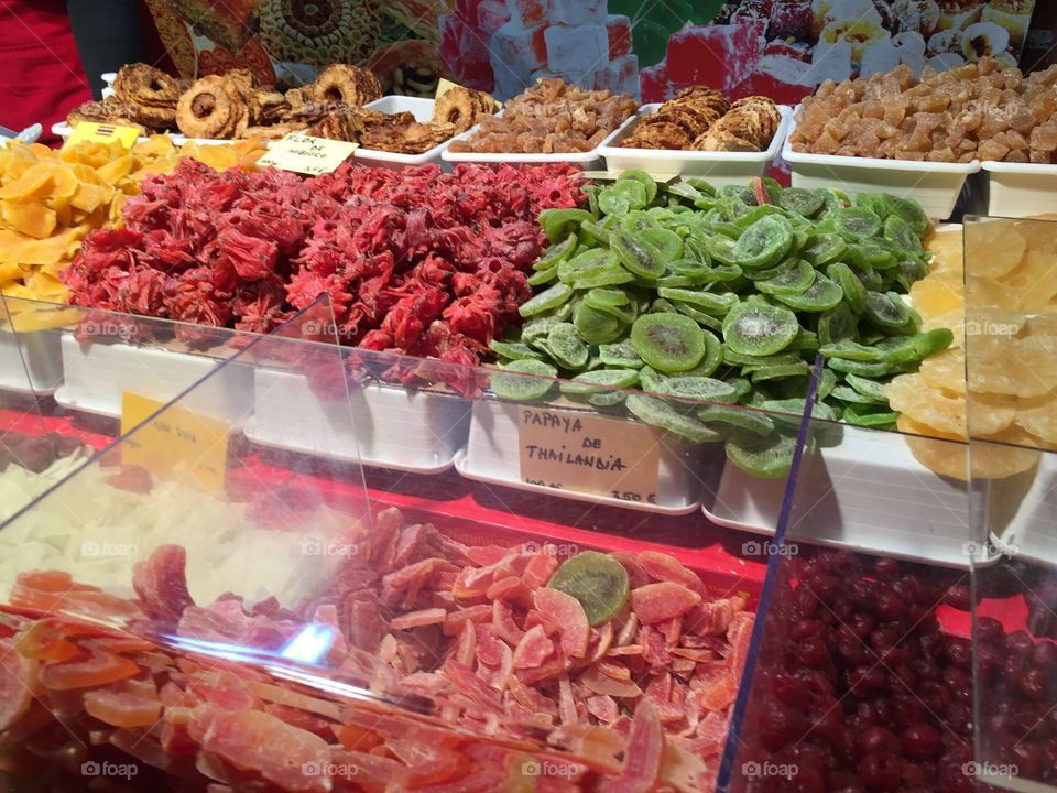 Dried fruit in a street market, Spain