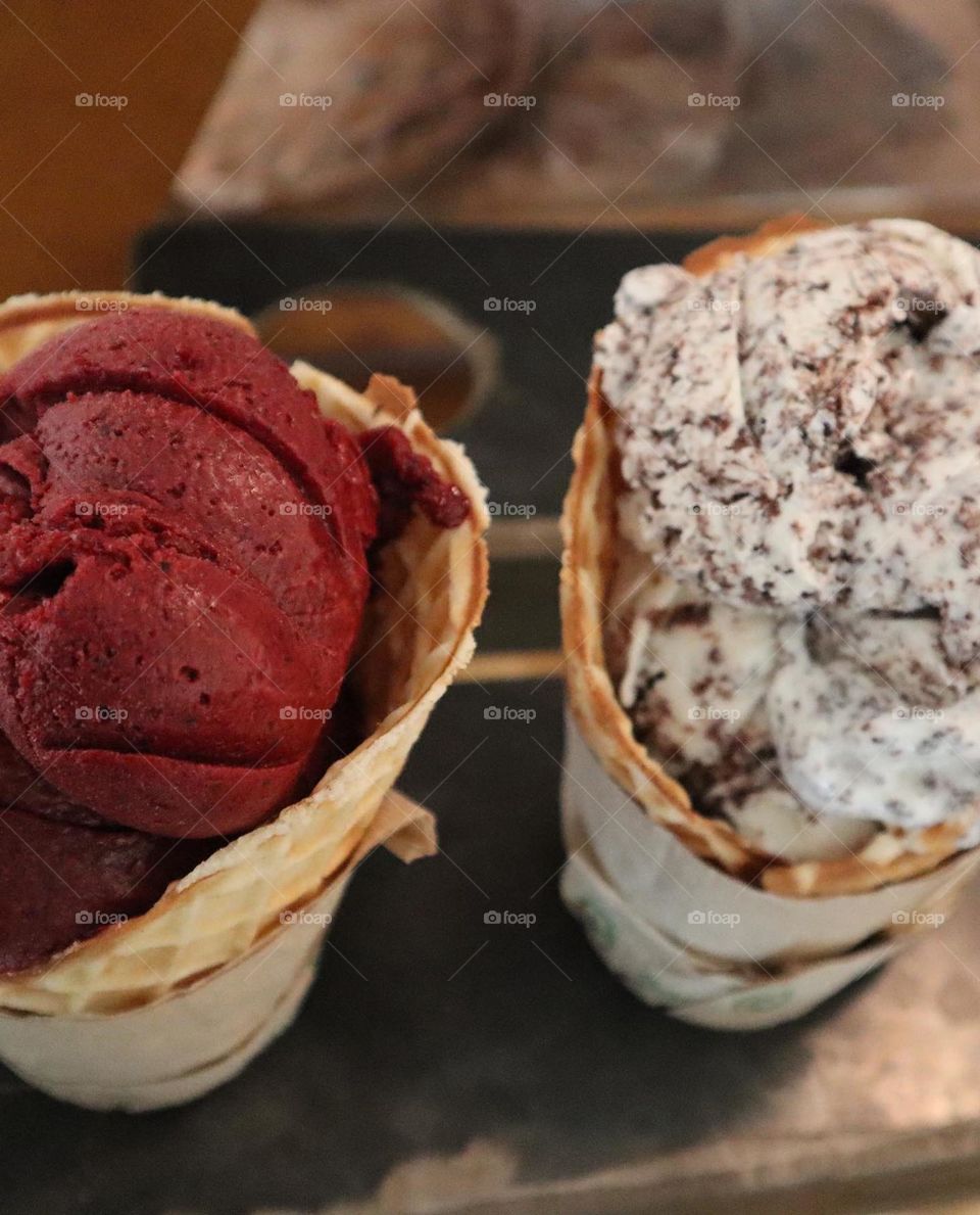 Raspberry sorbet and Cookies and Cream