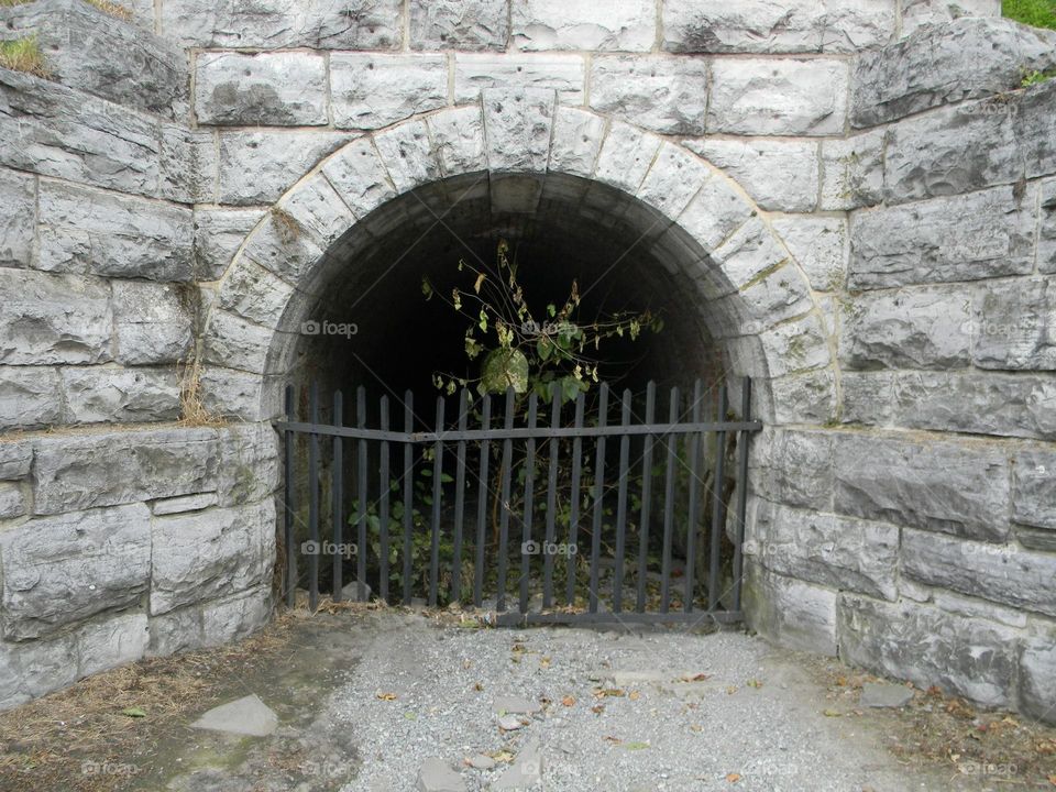 Old tunnel in cement block wall with gate covering. 